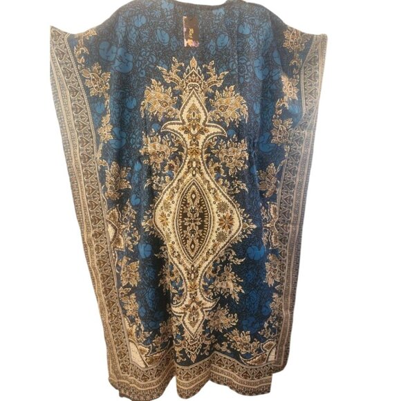 Bohemian Kaftan Maxi Dress  Deep Blue & Gold Floral Print V-Neck Adjustable Wais - Picture 6 of 8